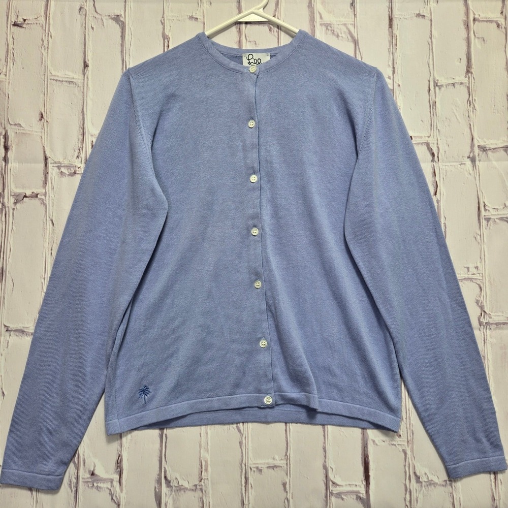Lilly Pulitzer Cardigan Button Up Blue Logo Cotton Knit Sweater Womens Size M